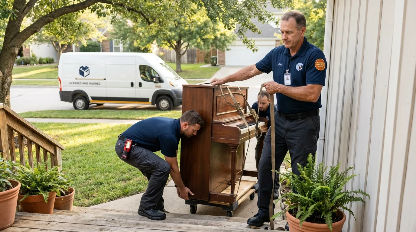 Licensed piano movers securing grand piano in Edina, MO